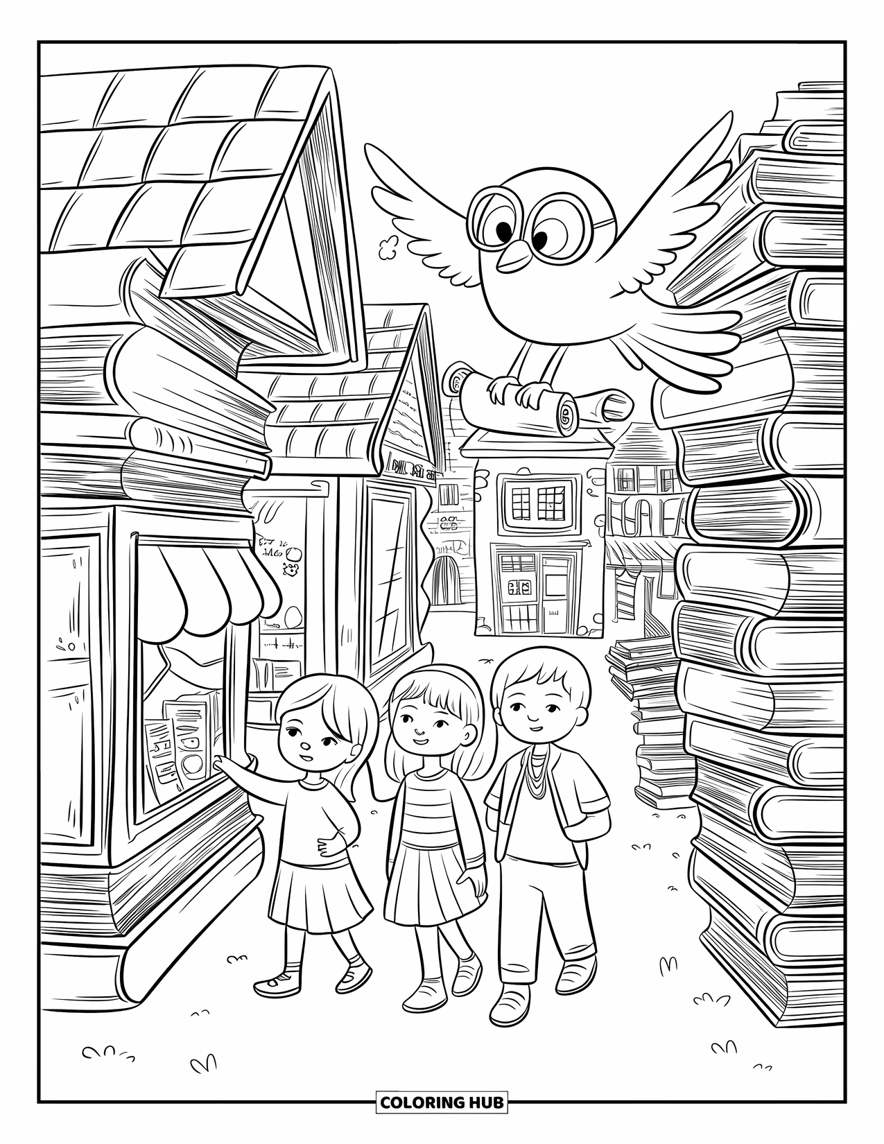 Library Coloring Page for Adults: Three kids stroll past book-shaped shops as a bird with a scroll flies overhead