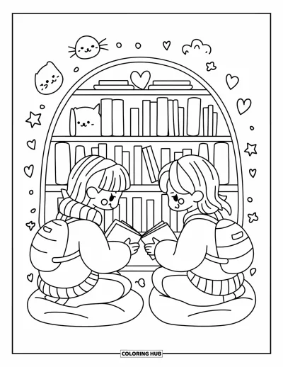 Library Coloring Page for Adults: Two buddies swap books near doodles of a cat, heart, and star