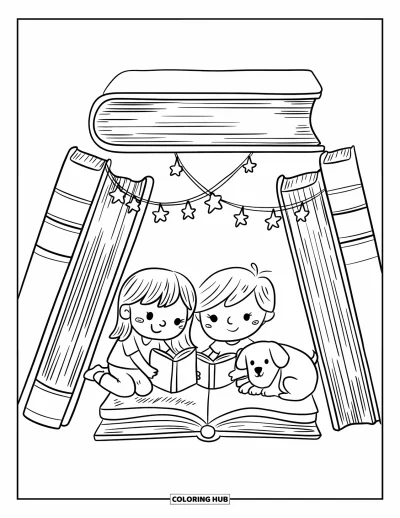 Library Coloring Page for Adults: Two kids build a book fort with star garlands while a puppy naps nearby