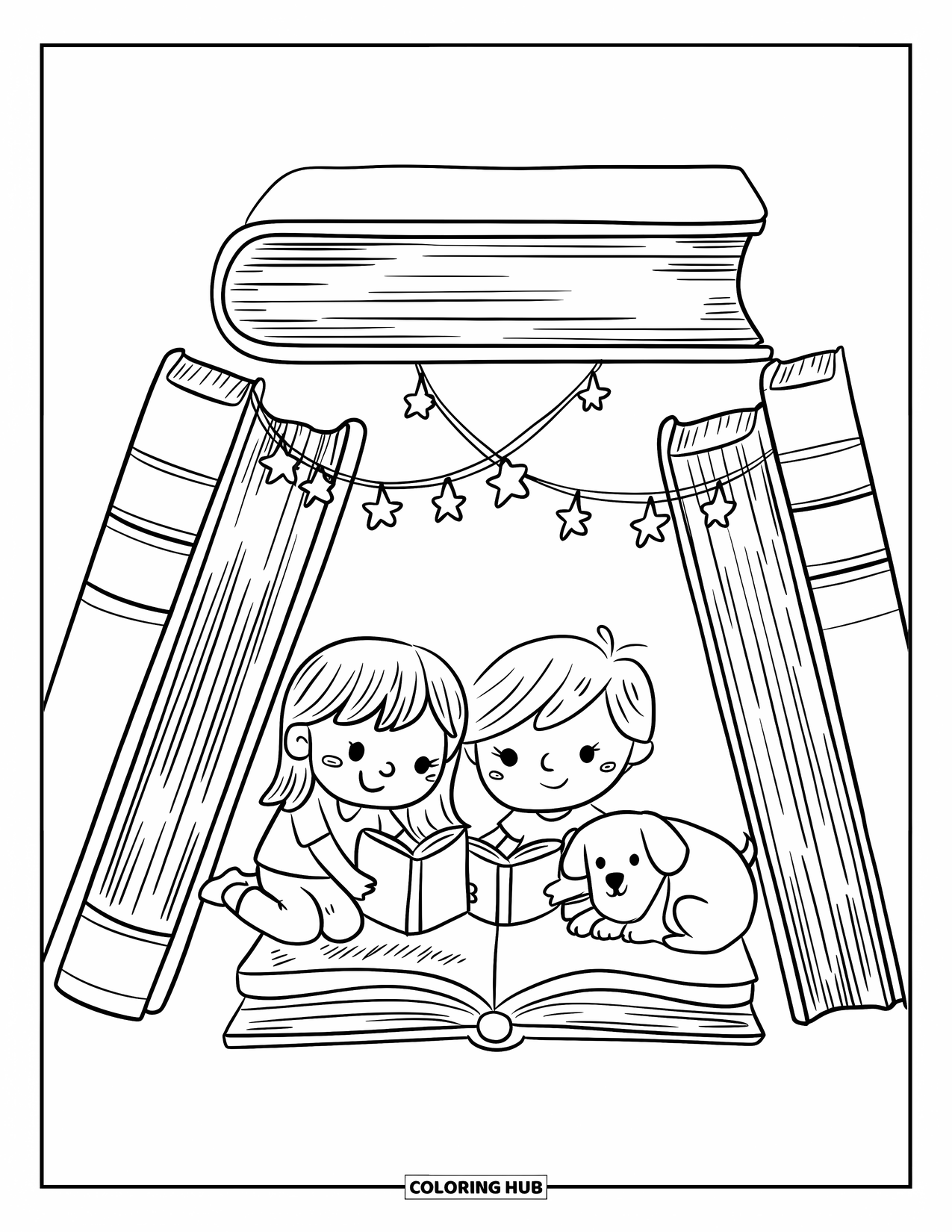Library Coloring Page for Adults: Two kids build a book fort with star garlands while a puppy naps nearby