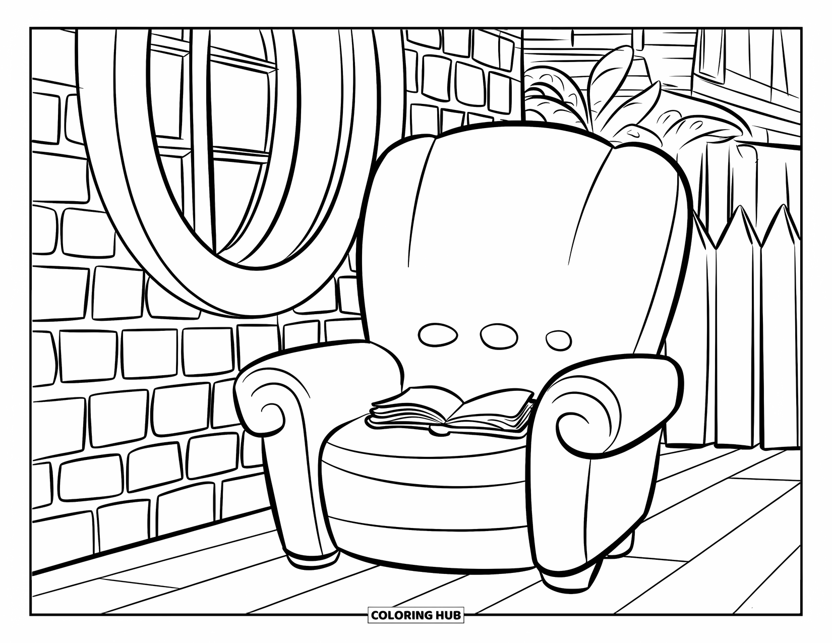 Library Coloring Page for Kids: A big chair rests by a brick wall and round window with a plant nearby