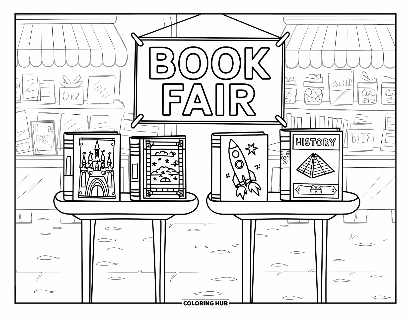 Library Coloring Page for Kids: A book fair stall displays fairy tales, science, and history books under a cheerful sign