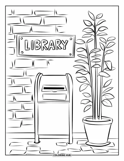Library Coloring Page for Kids: A book return dropbox sits beside a potted plant and a brick wall library sign