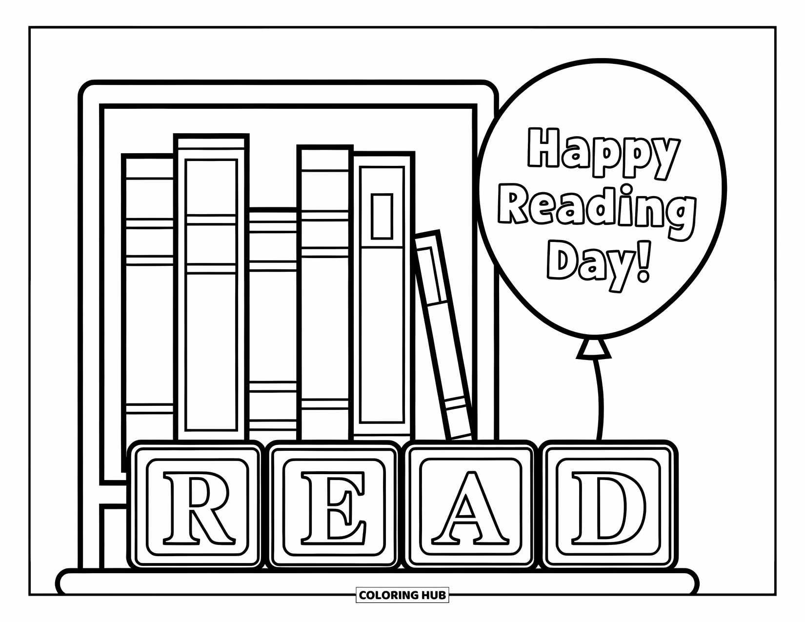 Library Coloring Page for Kids: A bookcase with blocks spelling "READ" stands beside a balloon that says "Happy Reading Day!"