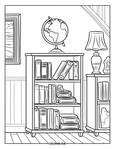 Library Coloring Page for Kids: A bookshelf with books, a globe, and decor sits near a painting on a wooden floor