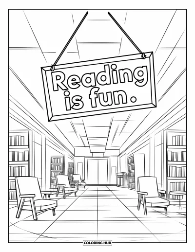 Library Coloring Page for Kids: A bright library hallway with bookshelves, reading spots, and a cheerful quote about reading