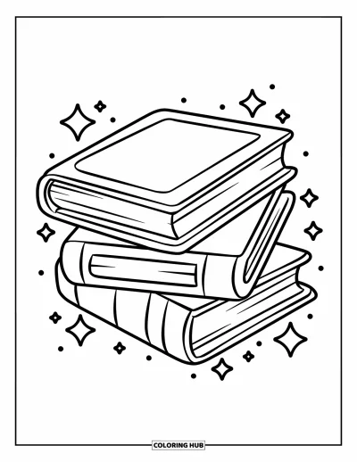 Library Coloring Page for Kids: A cheerful stack of books with stars scattered above