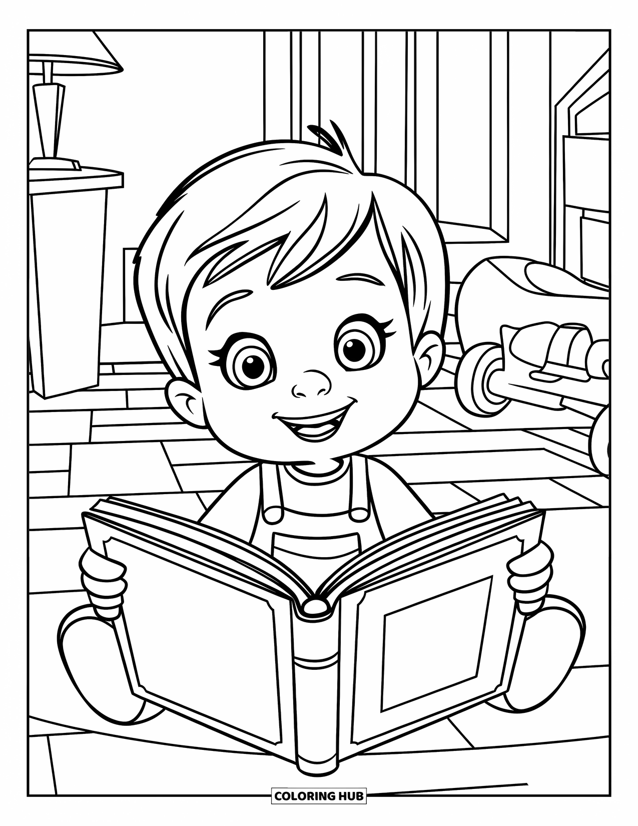 Library Coloring Page for Kids: A child in overalls reads on the floor beside a lamp, plant, and toy car