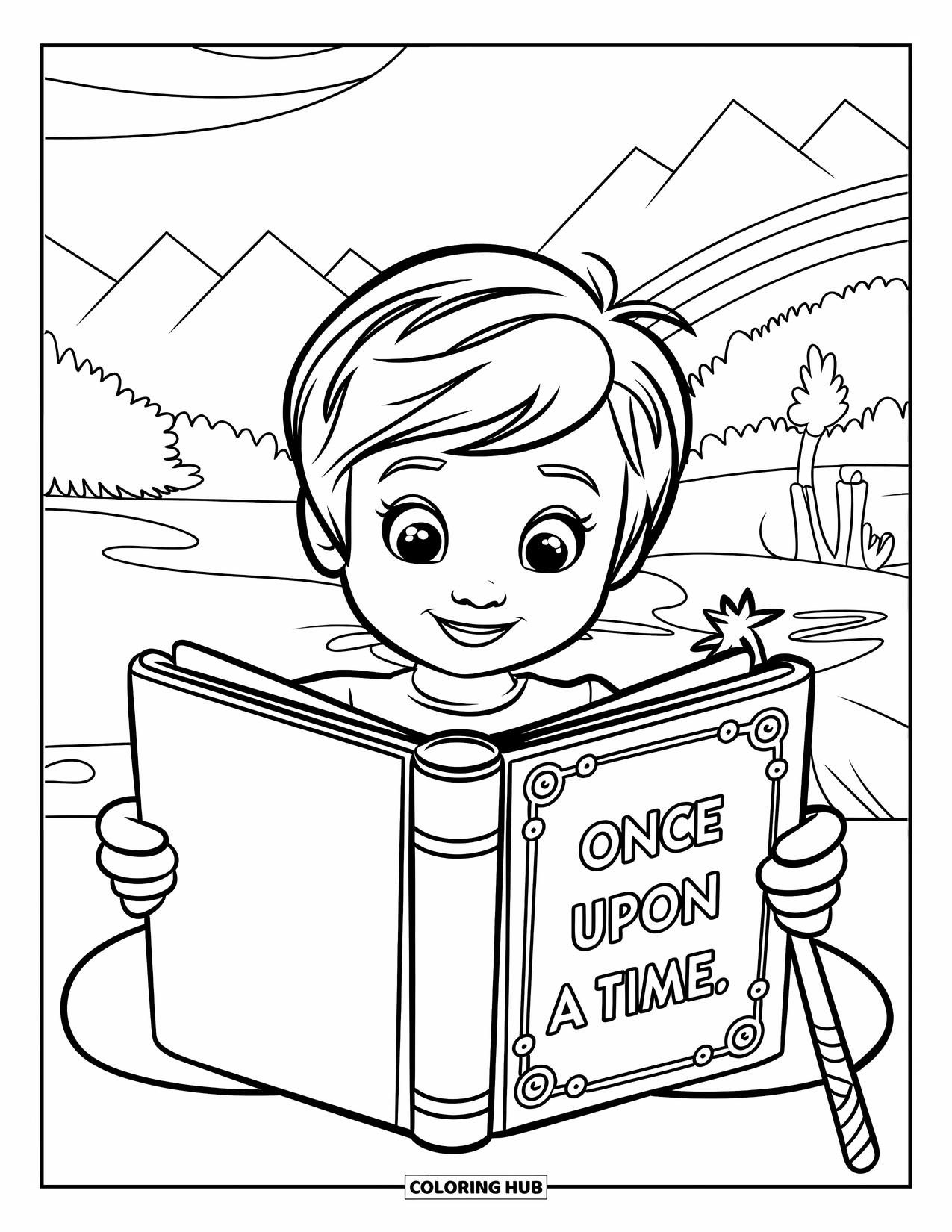 Library Coloring Page for Kids: A child reads a storybook beside a wand in a peaceful landscape