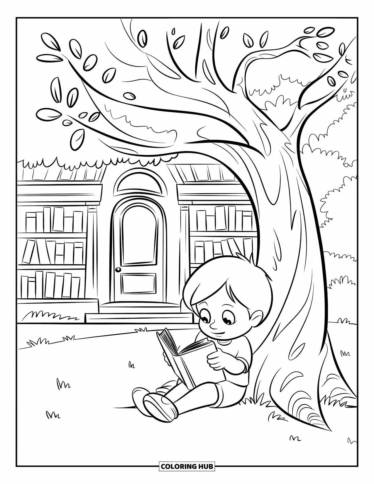 Library Coloring Page for Kids: A child reads under a tree with a cozy library in the background