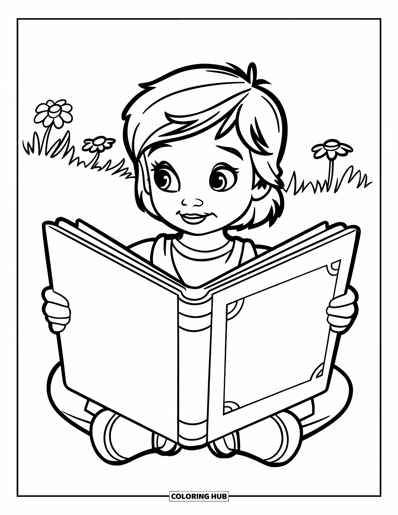 Library Coloring Page for Kids: A child sits cross-legged in a field, enjoying a big storybook
