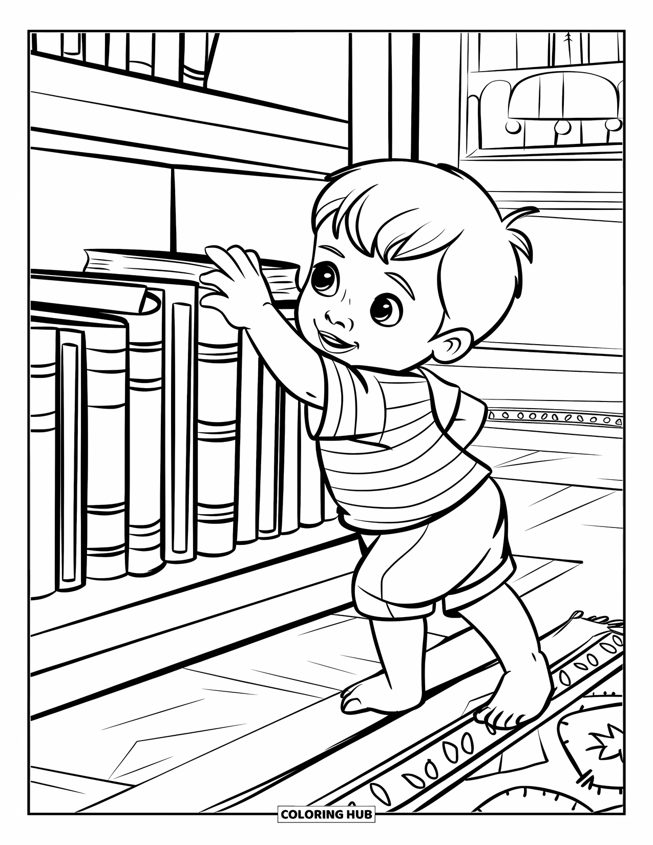 Library Coloring Page for Kids: A child with a big smile grabs a book from a shelf in a cozy room