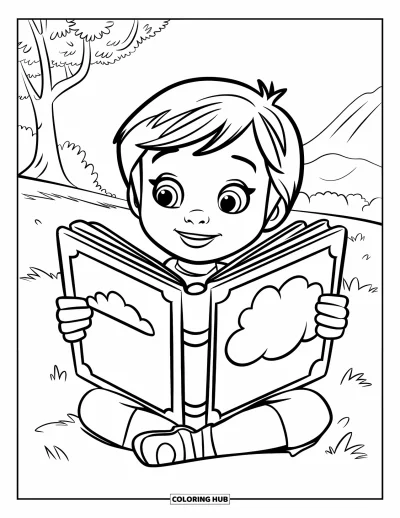 Library Coloring Page for Kids: A child with dark hair reads outdoors near trees and a mountain