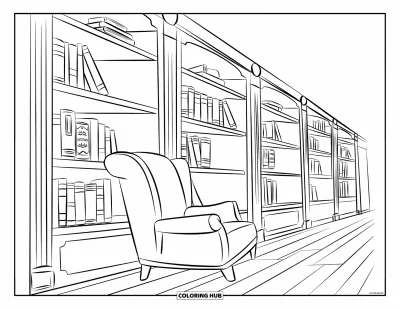 Library Coloring Page for Kids: A comfy chair and bookshelves filled with titles create a warm, inviting reading nook