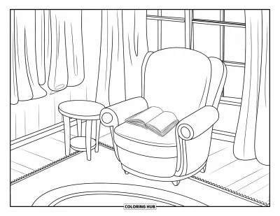 Library Coloring Page for Kids: A cozy chair with a book and a small table sits near a curtained window