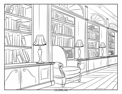 Library Coloring Page for Kids: A cozy reading corner with bookshelves, lamps, and a cushioned chair on a wooden floor