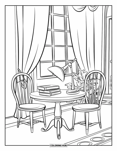 Library Coloring Page for Kids: A cozy reading table with books, a lamp, and two chairs sits near a curtained window