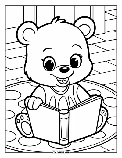 Library Coloring Page for Kids: A cute bear reads a picture book while sitting on a patterned floor mat
