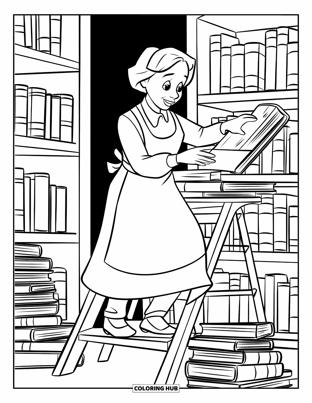 Library Coloring Page for Kids: A friendly librarian on a step ladder organizes books stacked high on shelves and floor