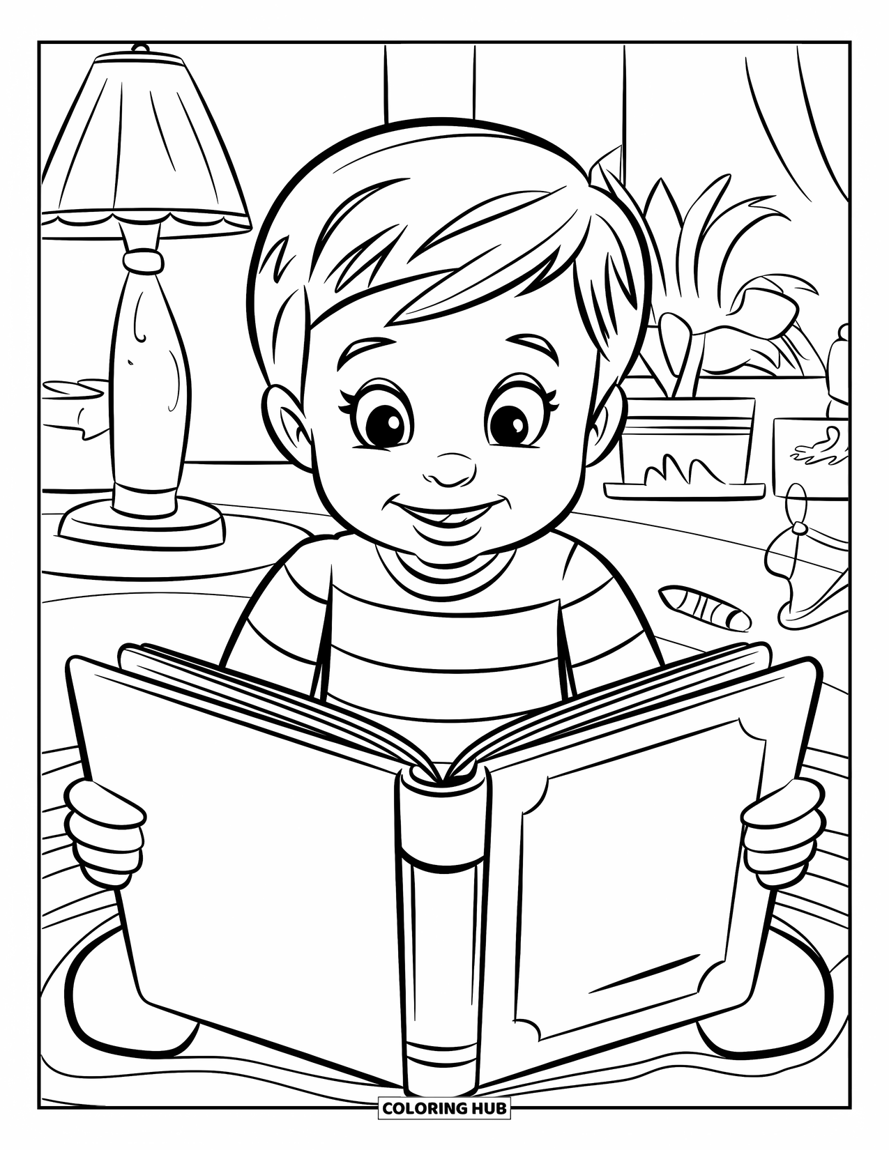 Library Coloring Page for Kids: A happy child with a book sits on the floor near a lamp and toy