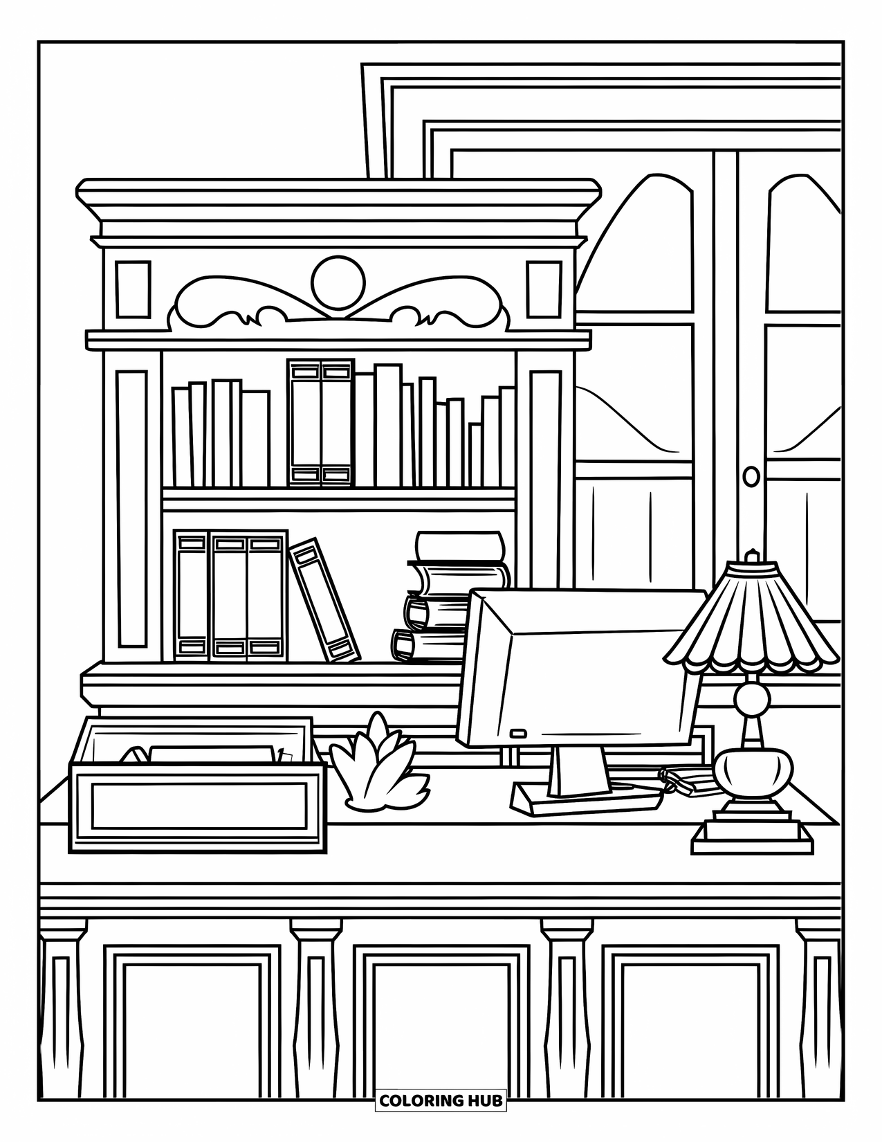 Library Coloring Page for Kids: A library front desk with a computer, return tray, and shelf of books welcomes readers
