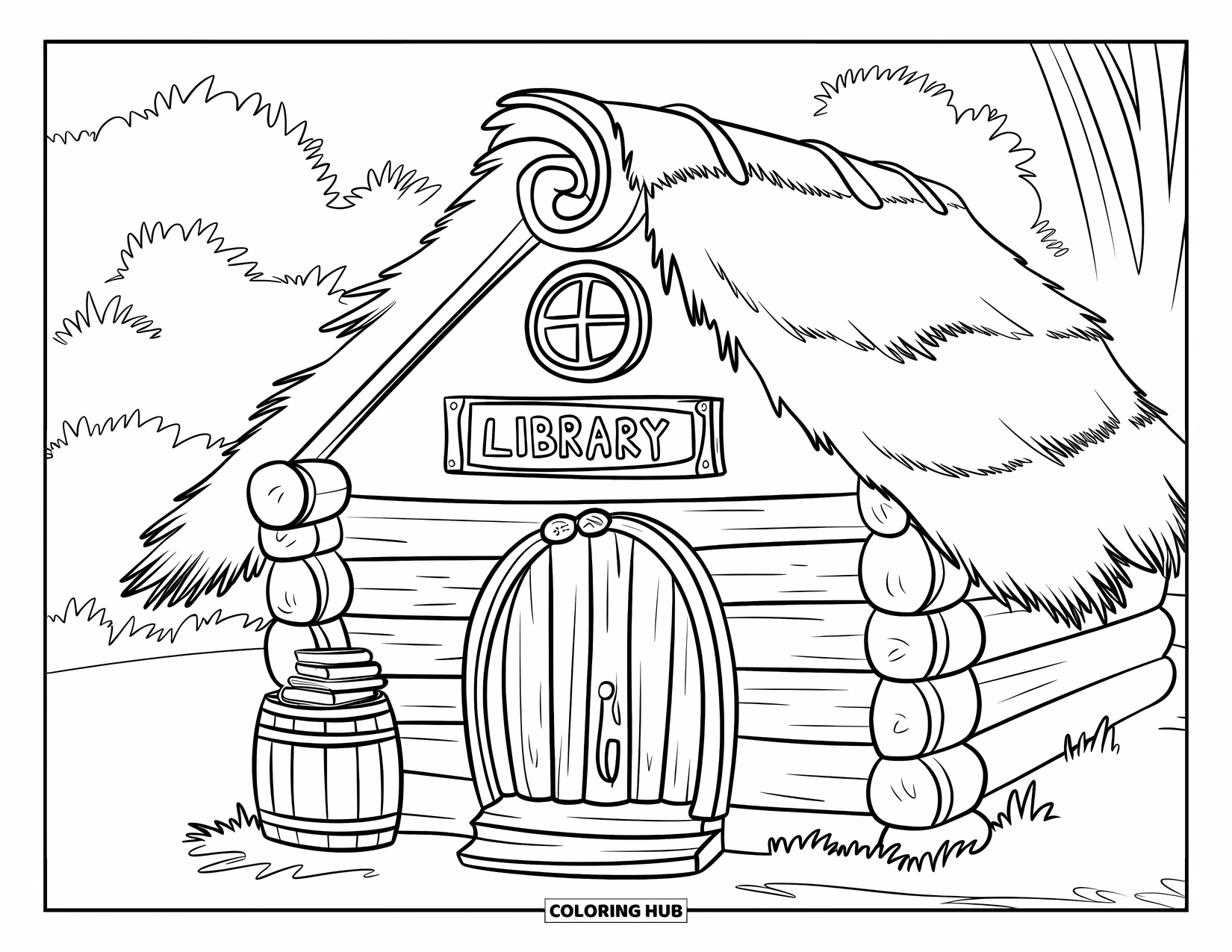 Library Coloring Page for Kids: A log-style library with a sign and books rests near tall trees