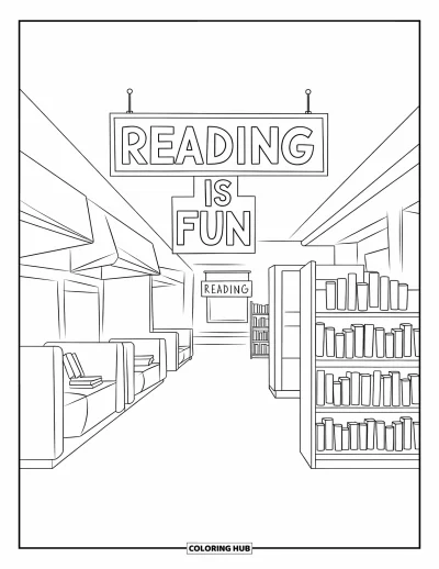 Library Coloring Page for Kids: A modern library hallway with reading corners and a quote sign that says ìReading is Fun.î
