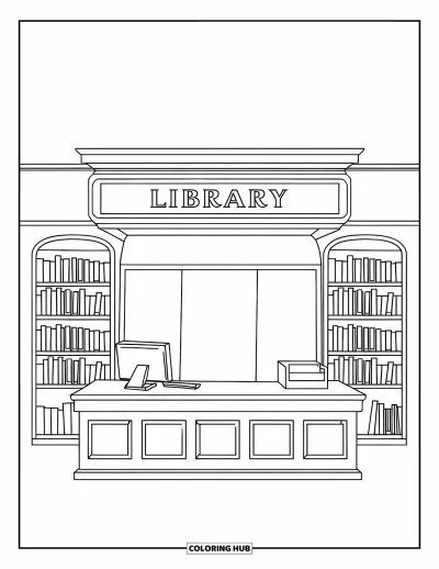 Library Coloring Page for Kids: A public library desk with a return tray and bookshelves on both sides