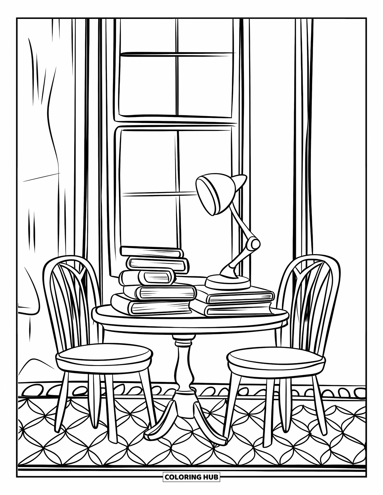 Library Coloring Page for Kids: A small reading table with books and two chairs is placed near a bright window