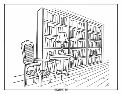Library Coloring Page for Kids: A small table and chair sit beside full bookshelves in a peaceful reading space