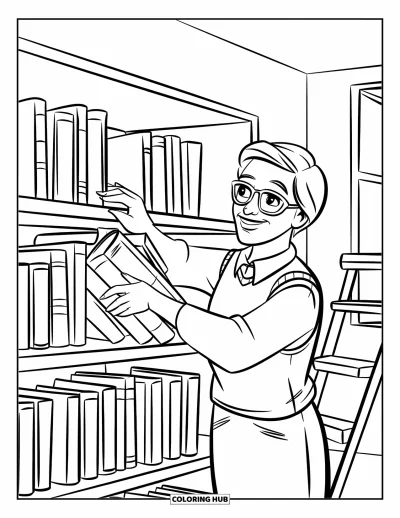 Library Coloring Page for Kids: A smiling librarian arranges books with a nearby step ladder and a shelf of spines