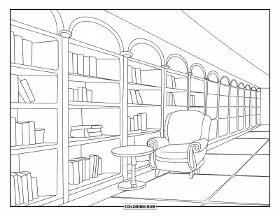 Library Coloring Page for Kids: A soft-lit reading area with bookshelves, a chair, and a tiled floor offers a cozy vibe