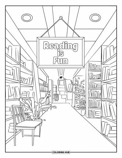 Library Coloring Page for Kids: A stylish library hallway filled with bookshelves, reading nooks, and a bold quote sign