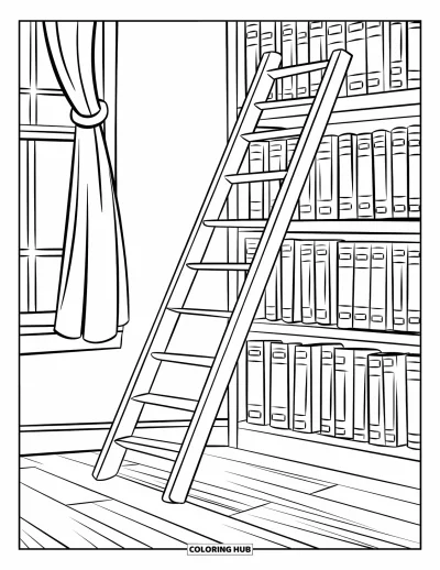 Library Coloring Page for Kids: A tall library ladder leans against categorized bookshelves beside a curtained window