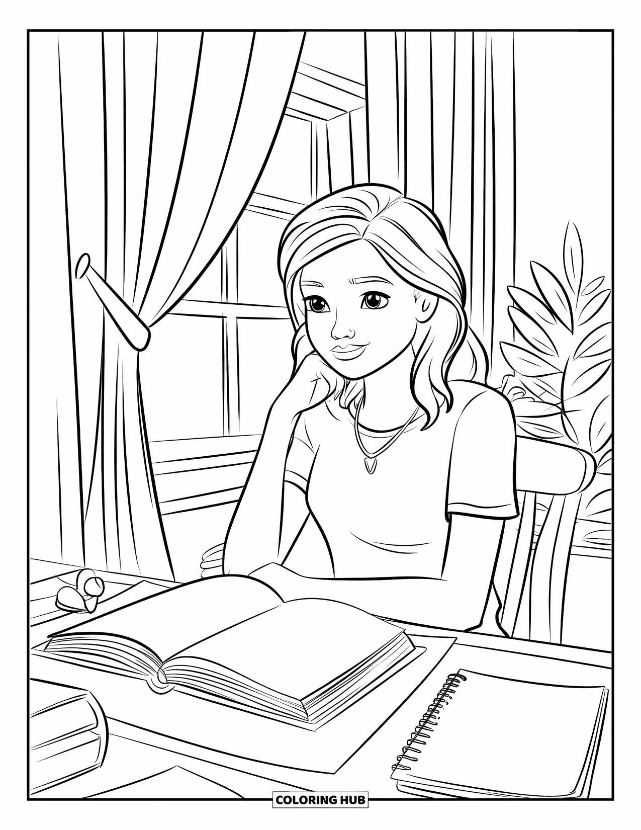Library Coloring Page for Kids: A teen girl reads at a wooden desk with notes and books near a curtained window
