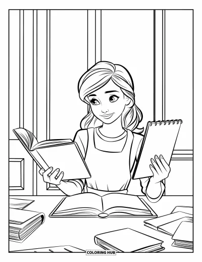 Library Coloring Page for Kids: A teen girl sits at a desk holding a book and notepad, surrounded by scattered references