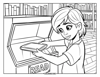 Library Coloring Page for Kids: A teen places a finished book into a return bin labeled ìReadî in the library