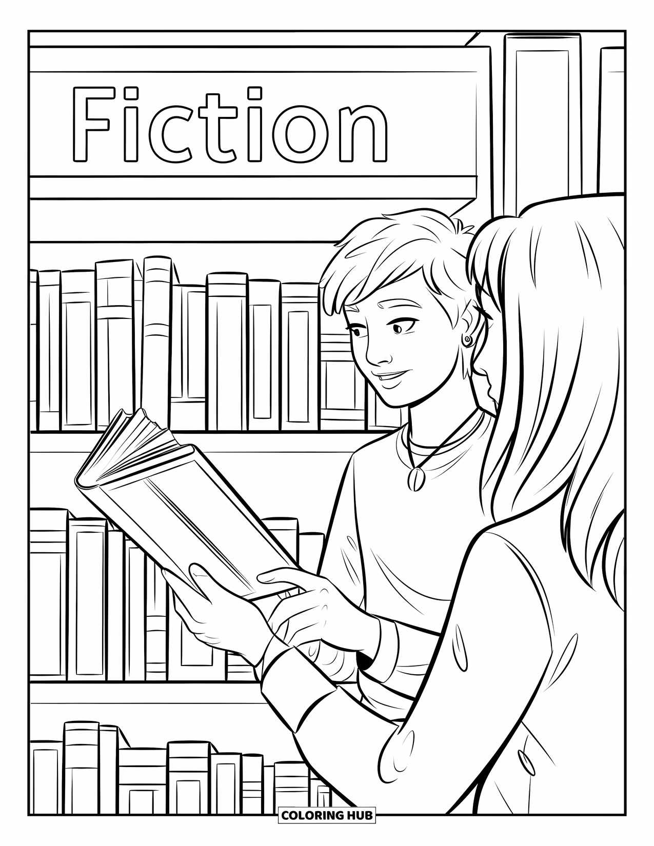 Library Coloring Page for Kids: A teen recommends a book to a friend in front of a fiction shelf