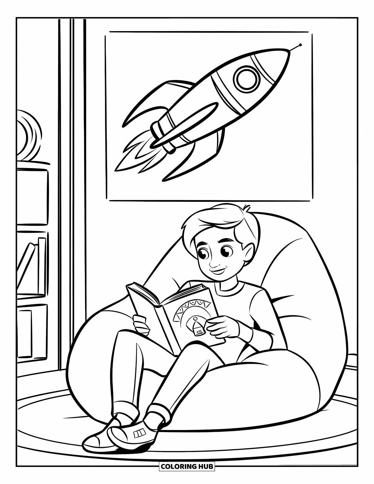 Library Coloring Page for Kids: A teen relaxes in a bean bag chair, lost in a fantasy book