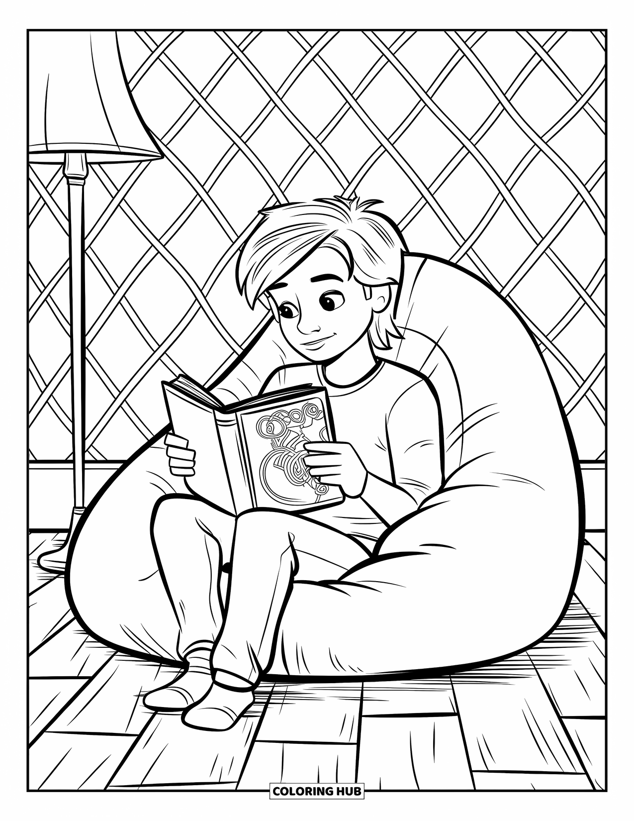 Library Coloring Page for Kids: A teen relaxes in a bean bag chair reading a fantasy book beside a glowing lamp