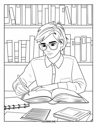 Library Coloring Page for Kids: A teen researches with books and notes in a cozy library surrounded by shelves