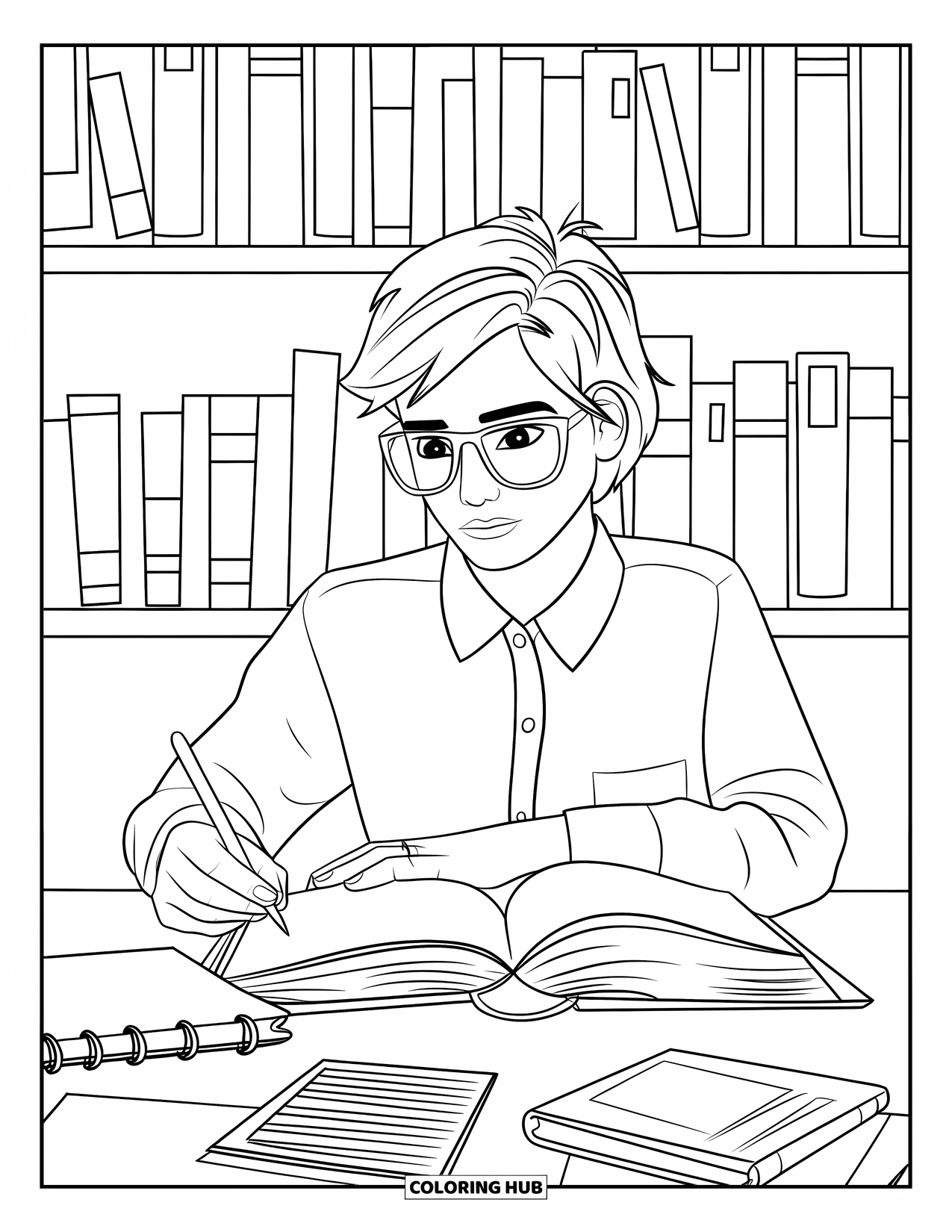 Library Coloring Page for Kids: A teen researches with books and notes in a cozy library surrounded by shelves