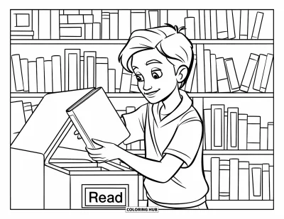 Library Coloring Page for Kids: A teen returns a book to the "Read" bin surrounded by shelves of books