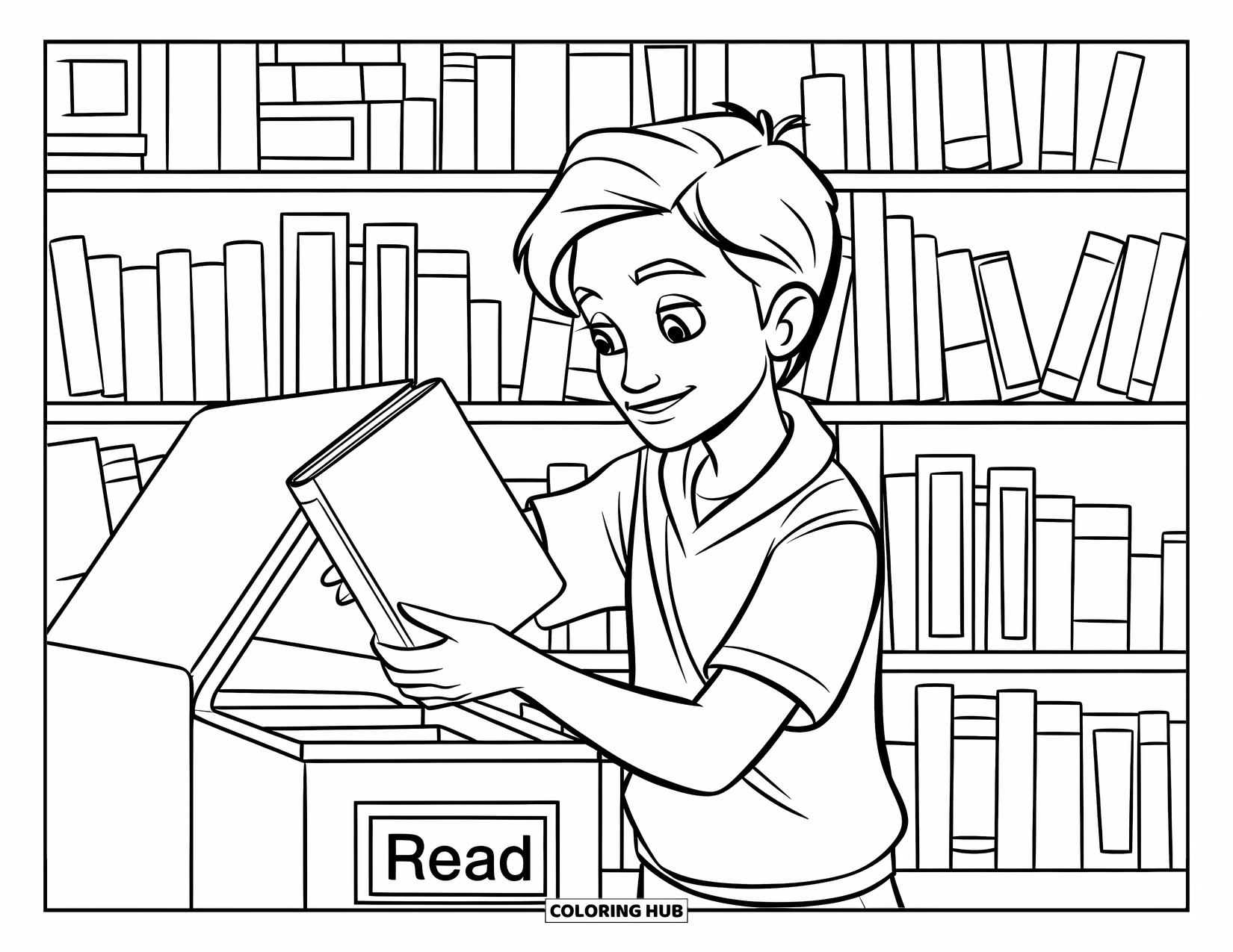 Library Coloring Page for Kids: A teen returns a book to the "Read" bin surrounded by shelves of books