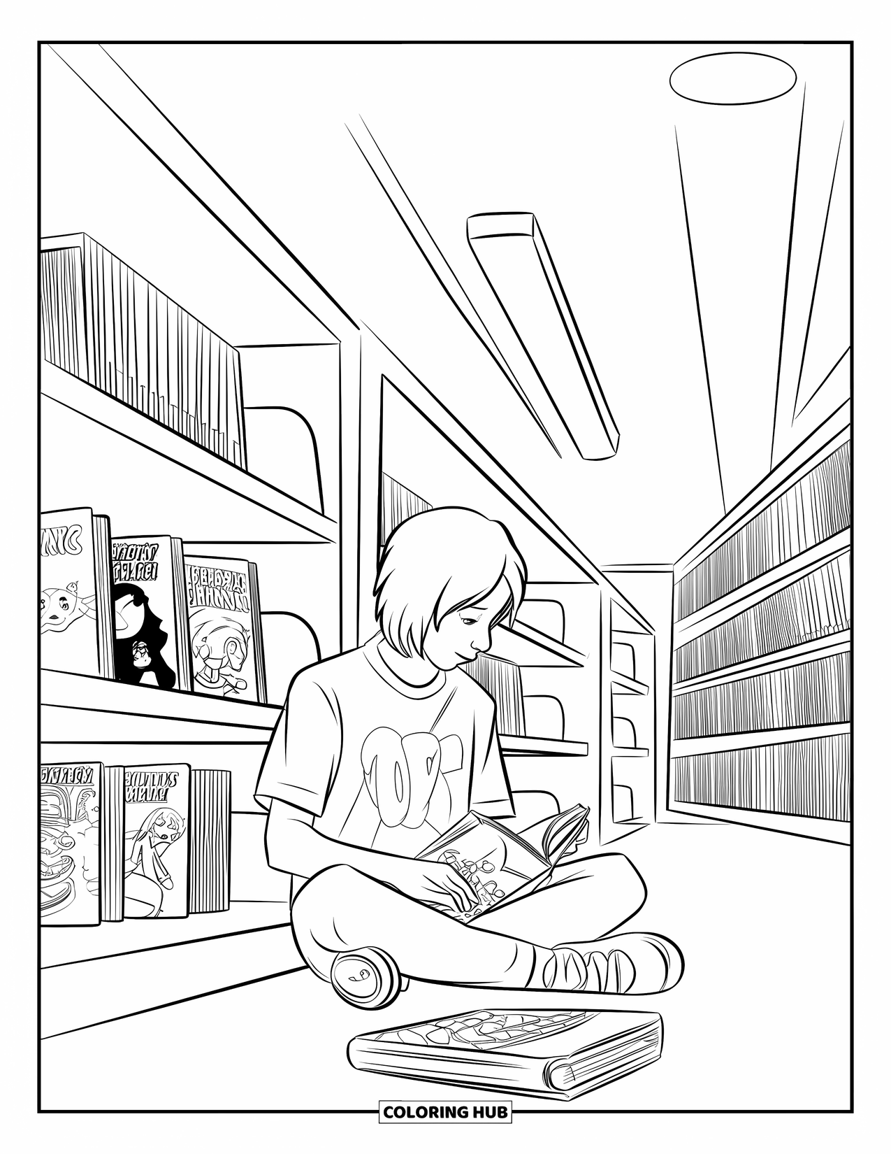 Library Coloring Page for Kids: A teen sits on the floor with a graphic novel, surrounded by library shelves and soft lighting