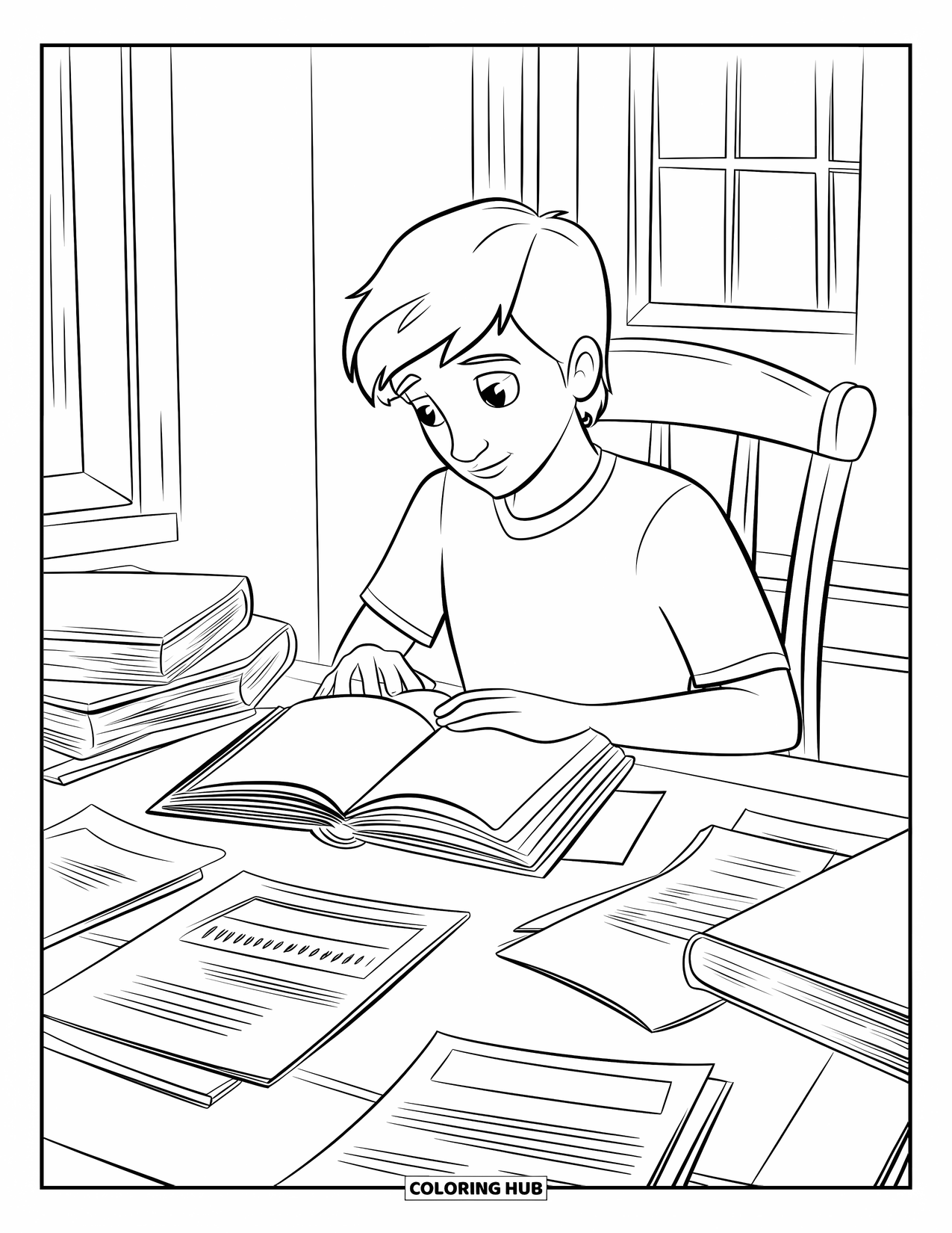 Library Coloring Page for Kids: A teen studies at a wooden desk surrounded by open books and cozy library details