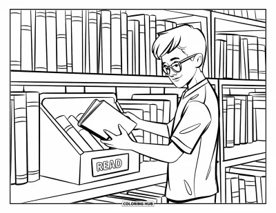 Library Coloring Page for Kids: A teen with glasses returns a book at the ìReadî bin near library shelves