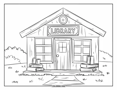 Library Coloring Page for Kids: A wood-built library with books by the door sits on grassy ground