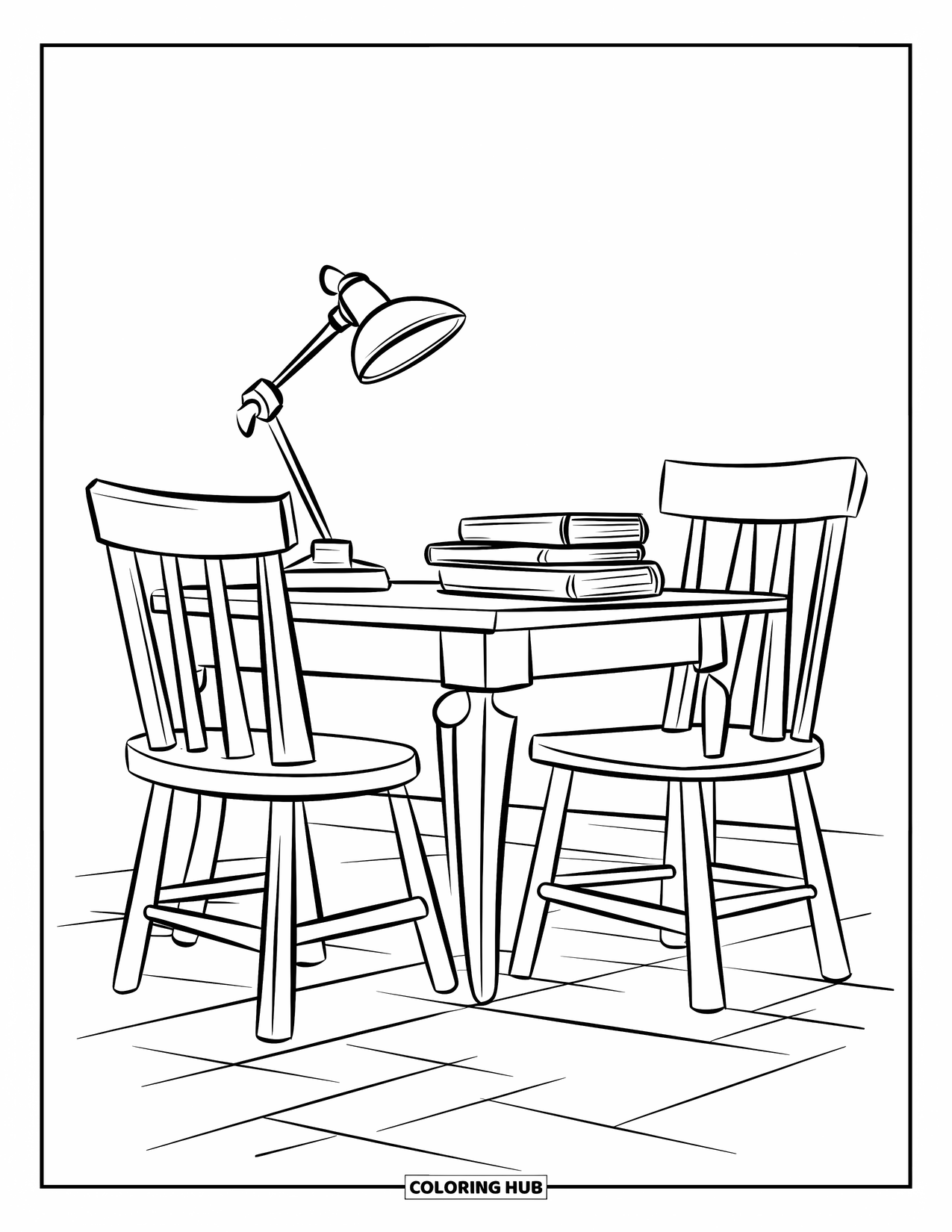 Library Coloring Page for Kids: A wooden table with books and a lamp sits on tiled flooring with two sturdy chairs