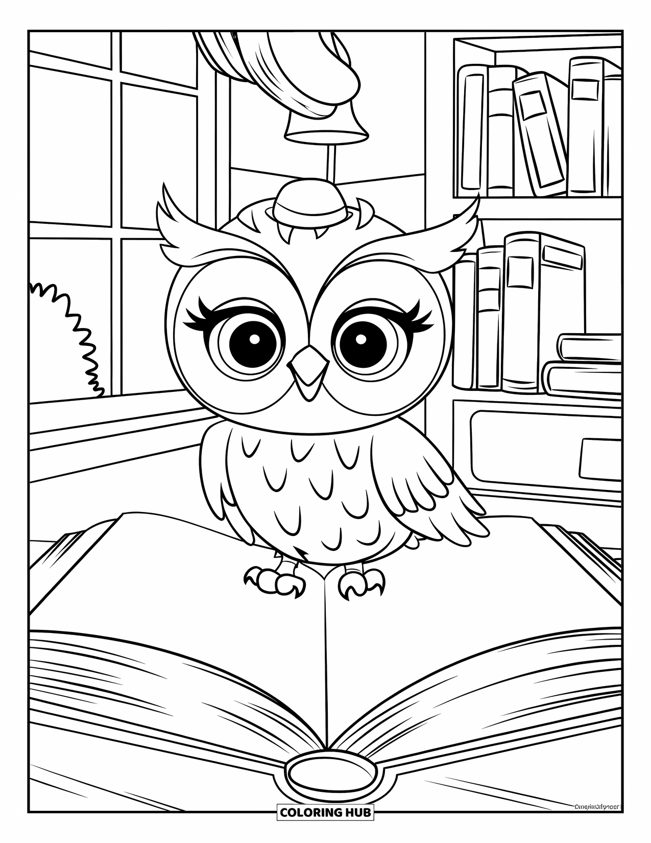 Library Coloring Page for Kids: An expressive owl in a hat sits on a book beside a window and bookshelf